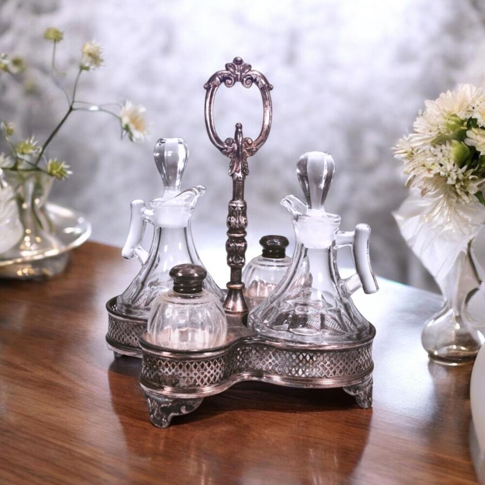Antique RARE 1939 - No. 6023 DOLLY MADISON Fostoria CLEAR Cruet Set w/SP Caddy